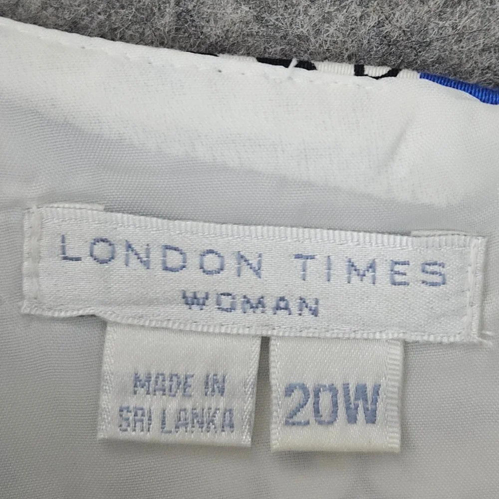 London Times Dress Womens 20W Blue White Paisley Floral Fit Flare Pleated Cotton